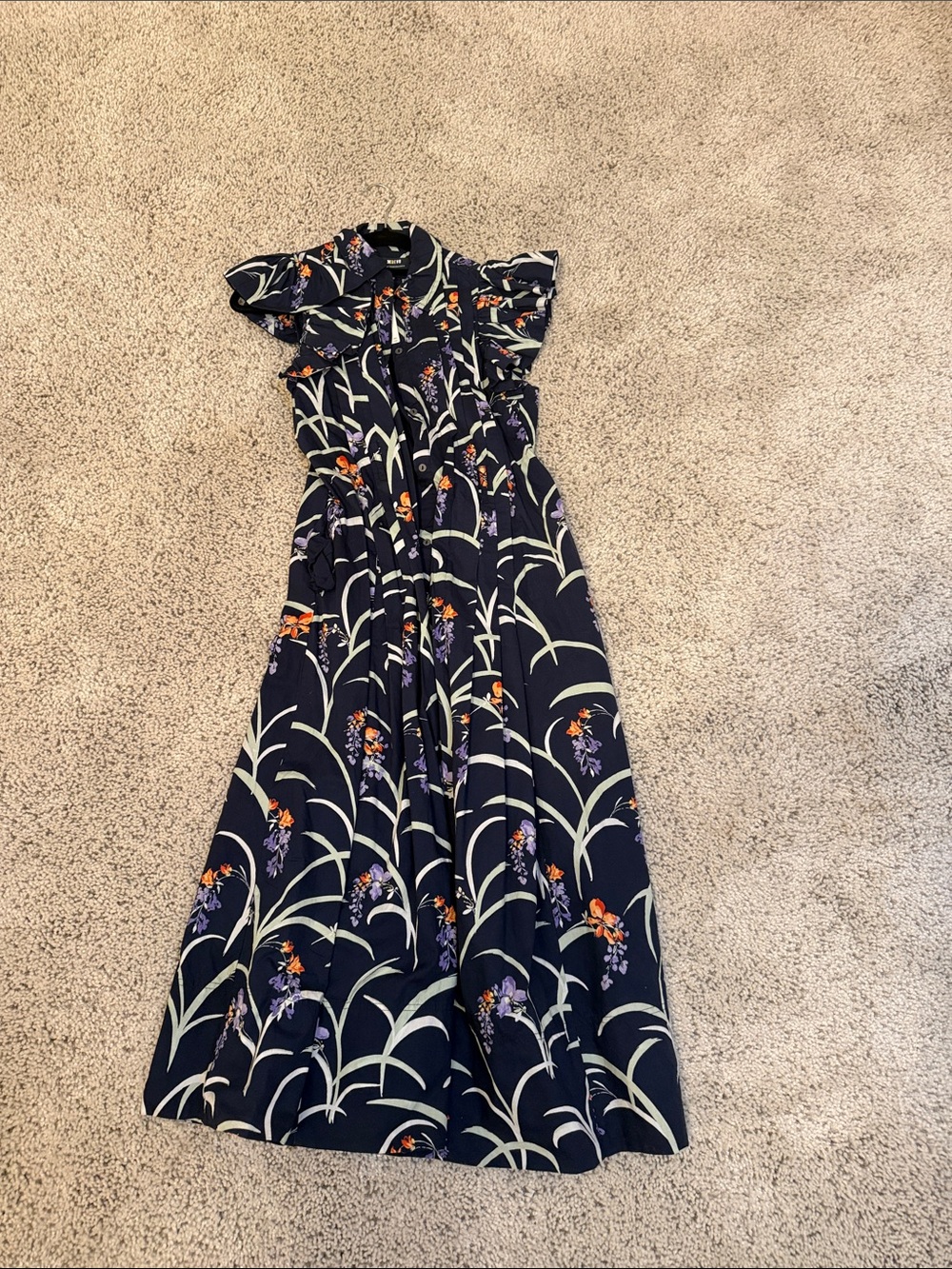 Anthropologie Maeve Navy Floral Maxi Dress with Orange & Purple Accents